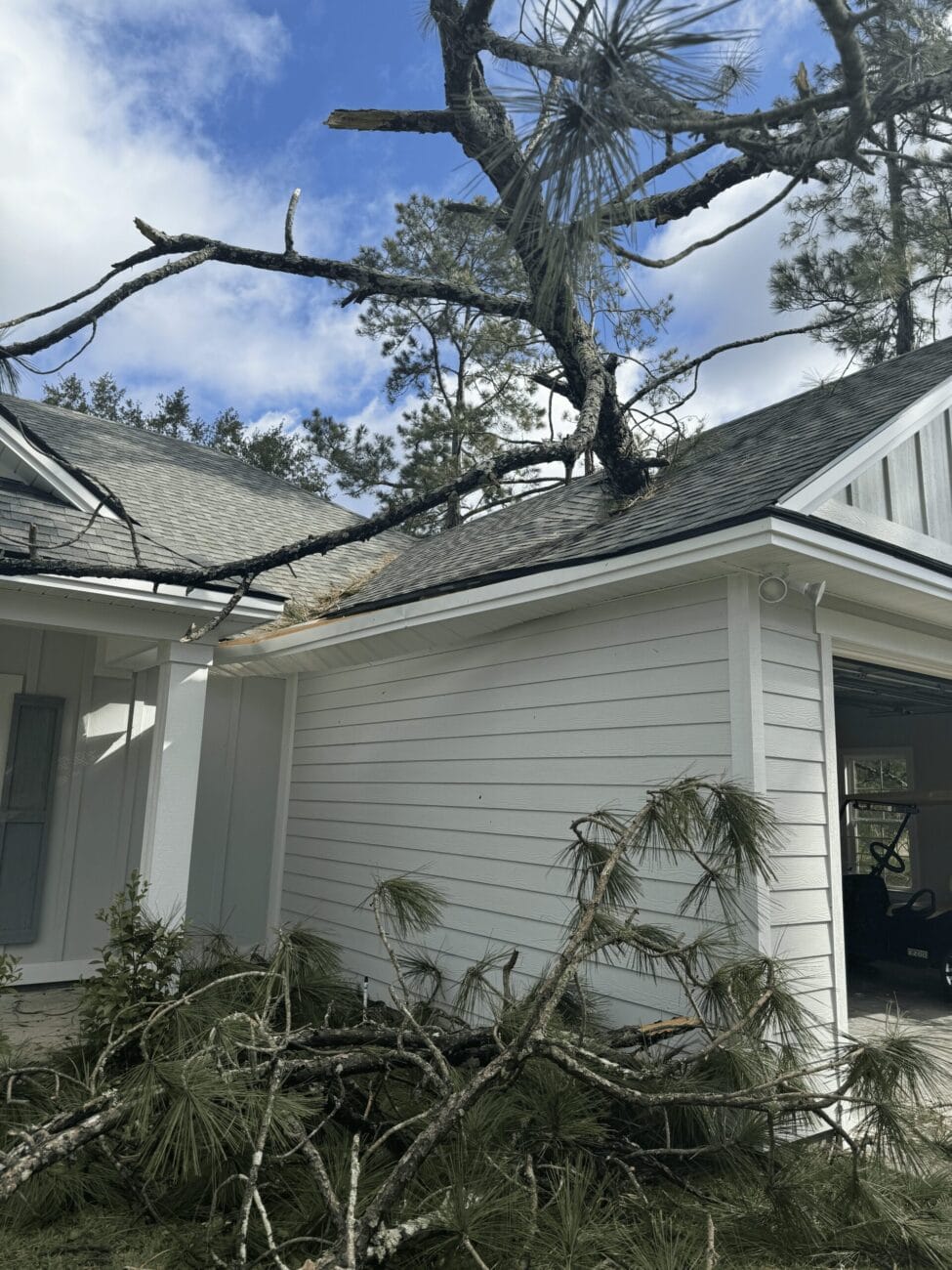 A fallen tree branch resting on the roof and the ground of a white house, with some broken tree limbs scattered around.